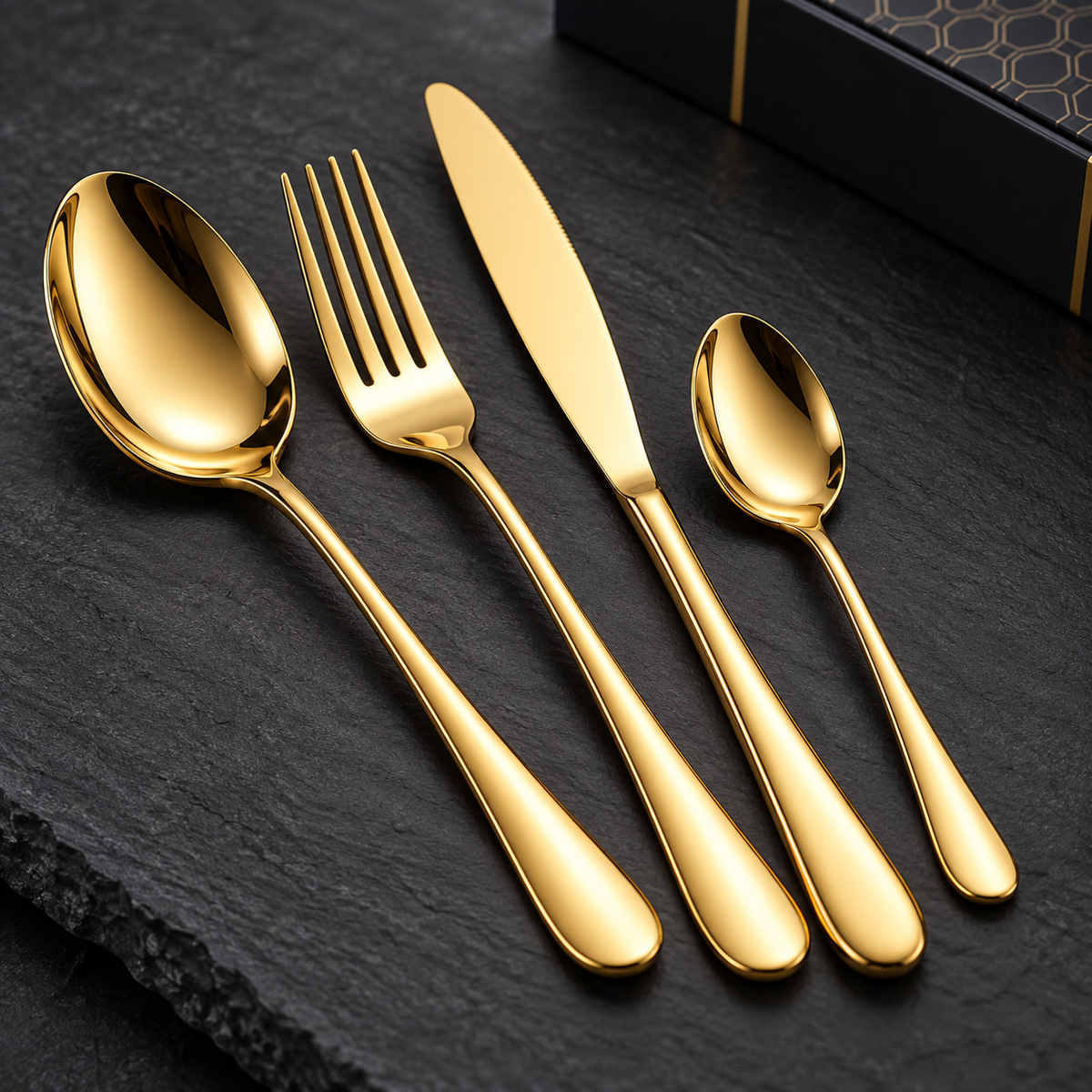 Set tacâmuri aurii 24 piese din oțel inoxidabil, stil portughez, auriu – 6 persoane