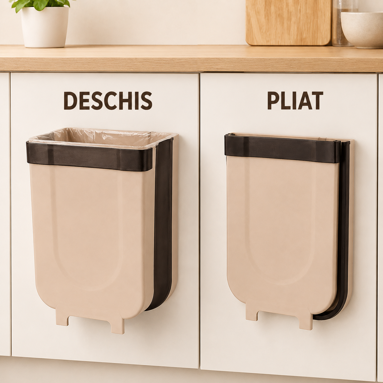 Pachet 2 x Coșuri de Gunoi Pliabile pentru Ușa Dulapului, 8 L, Plastic și Silicon – Maro cu Negru