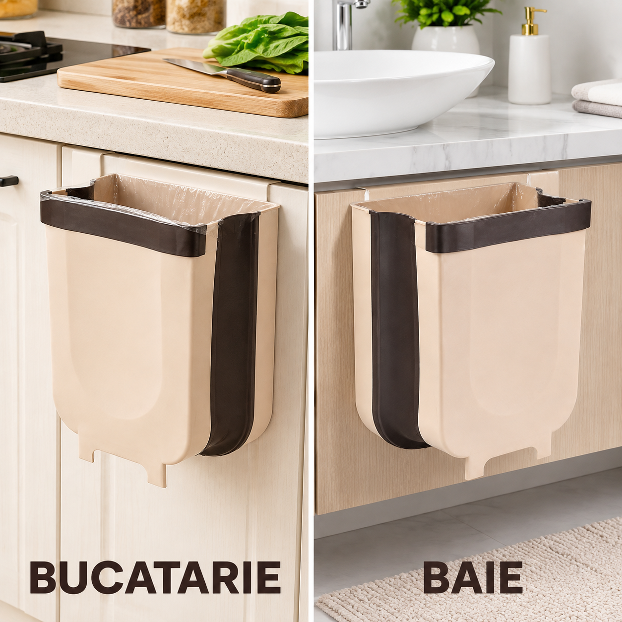 Pachet 2 x Coșuri de Gunoi Pliabile pentru Ușa Dulapului, 8 L, Plastic și Silicon – Maro cu Negru