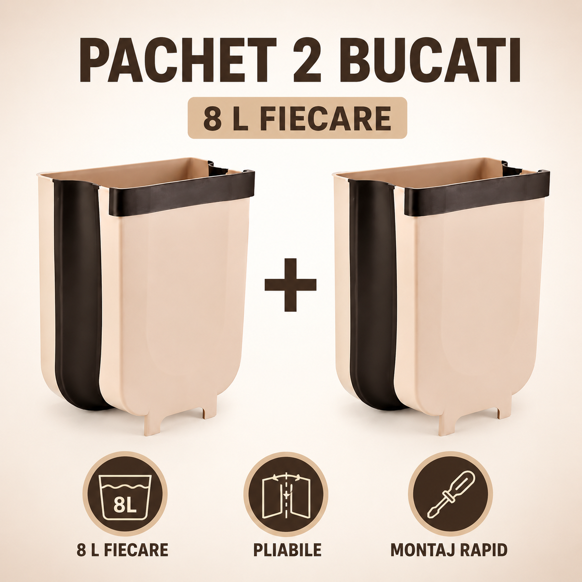 Pachet 2 x Coșuri de Gunoi Pliabile pentru Ușa Dulapului, 8 L, Plastic și Silicon – Maro cu Negru