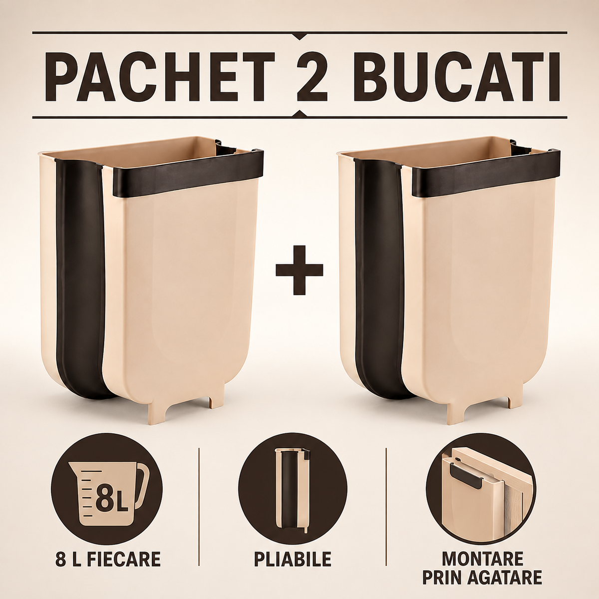 Pachet 2 x Coșuri de Gunoi Pliabile pentru Ușa Dulapului, 8 L, Plastic și Silicon – Maro cu Negru