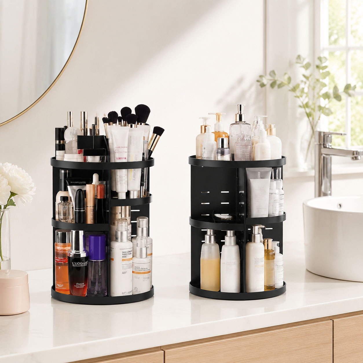 Pachet 2 Organizatoare Cosmetice Rotative 360° cu Compartimente Ajustabile pentru Machiaj și Accesorii