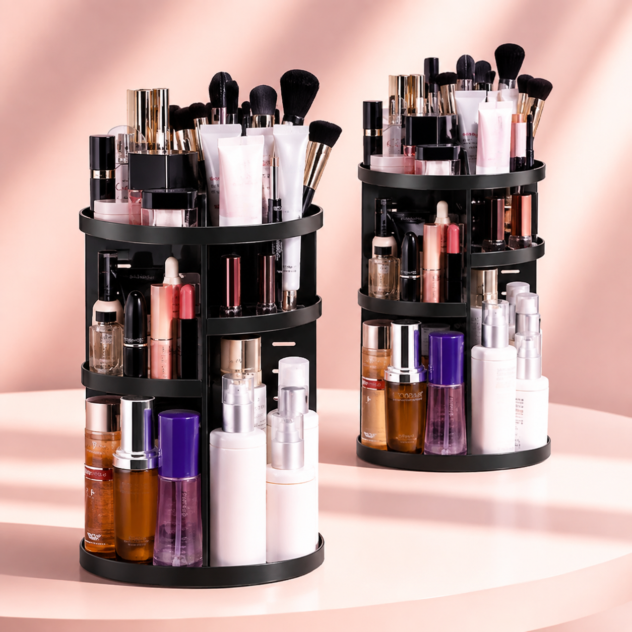 Pachet 2 Organizatoare Cosmetice Rotative 360° cu Compartimente Ajustabile pentru Machiaj și Accesorii