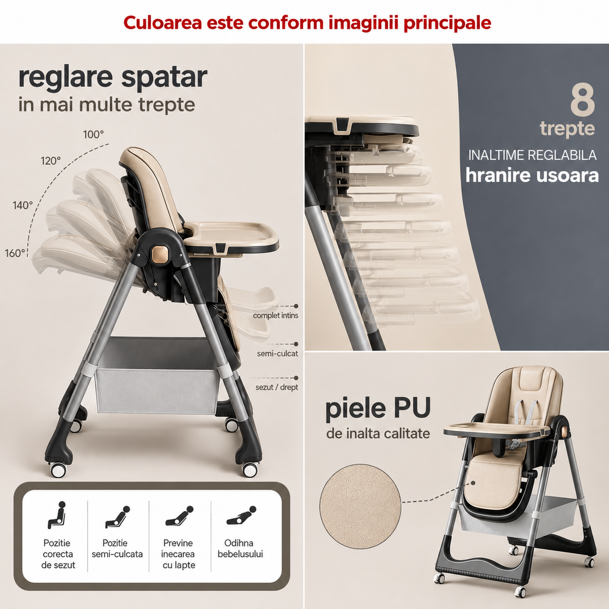 Scaun de Masa Bebelusi 3 in 1, Reglabil, Pliabil, cu Tavita Detasabila si Roti