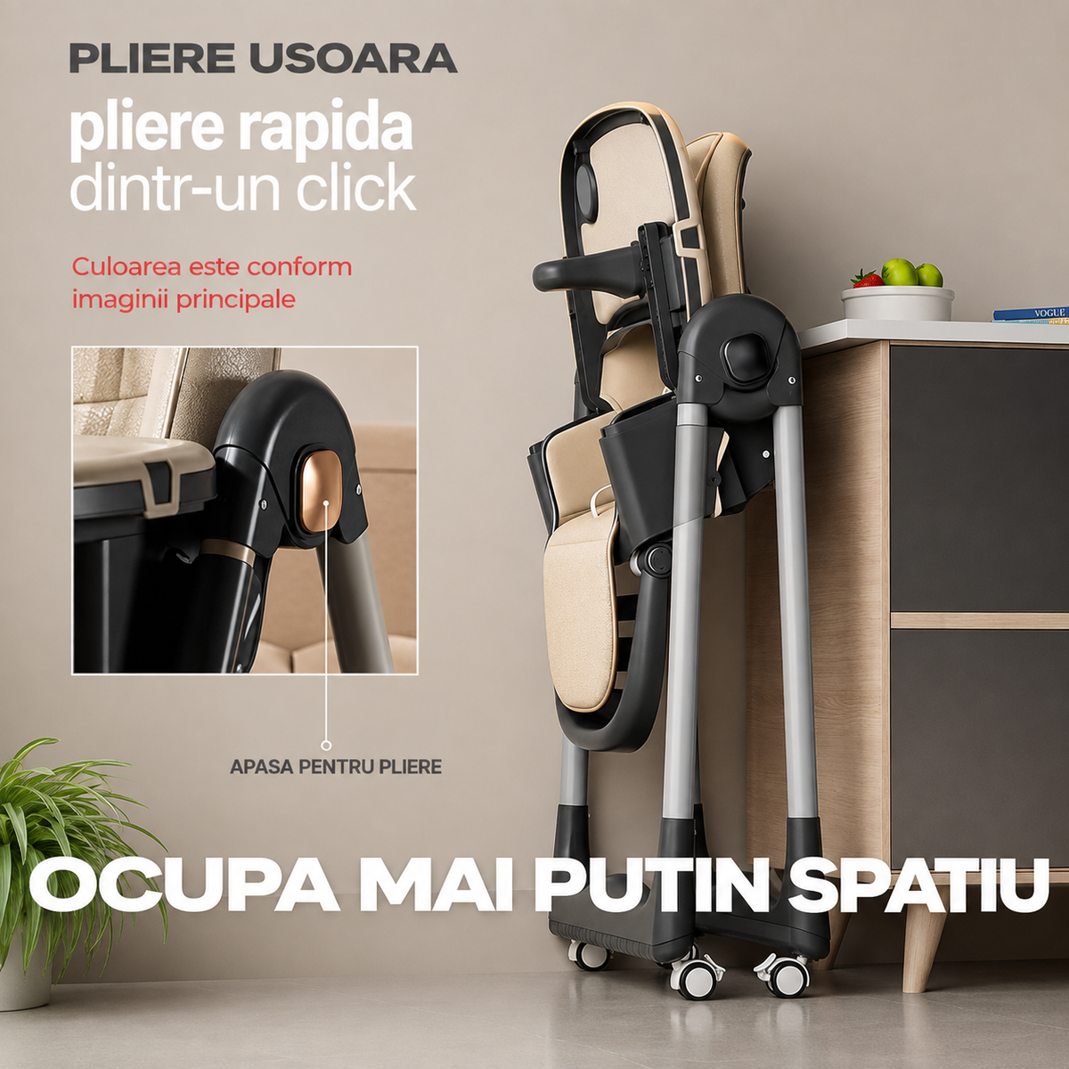 Scaun de Masa Bebelusi 3 in 1, Reglabil, Pliabil, cu Tavita Detasabila si Roti