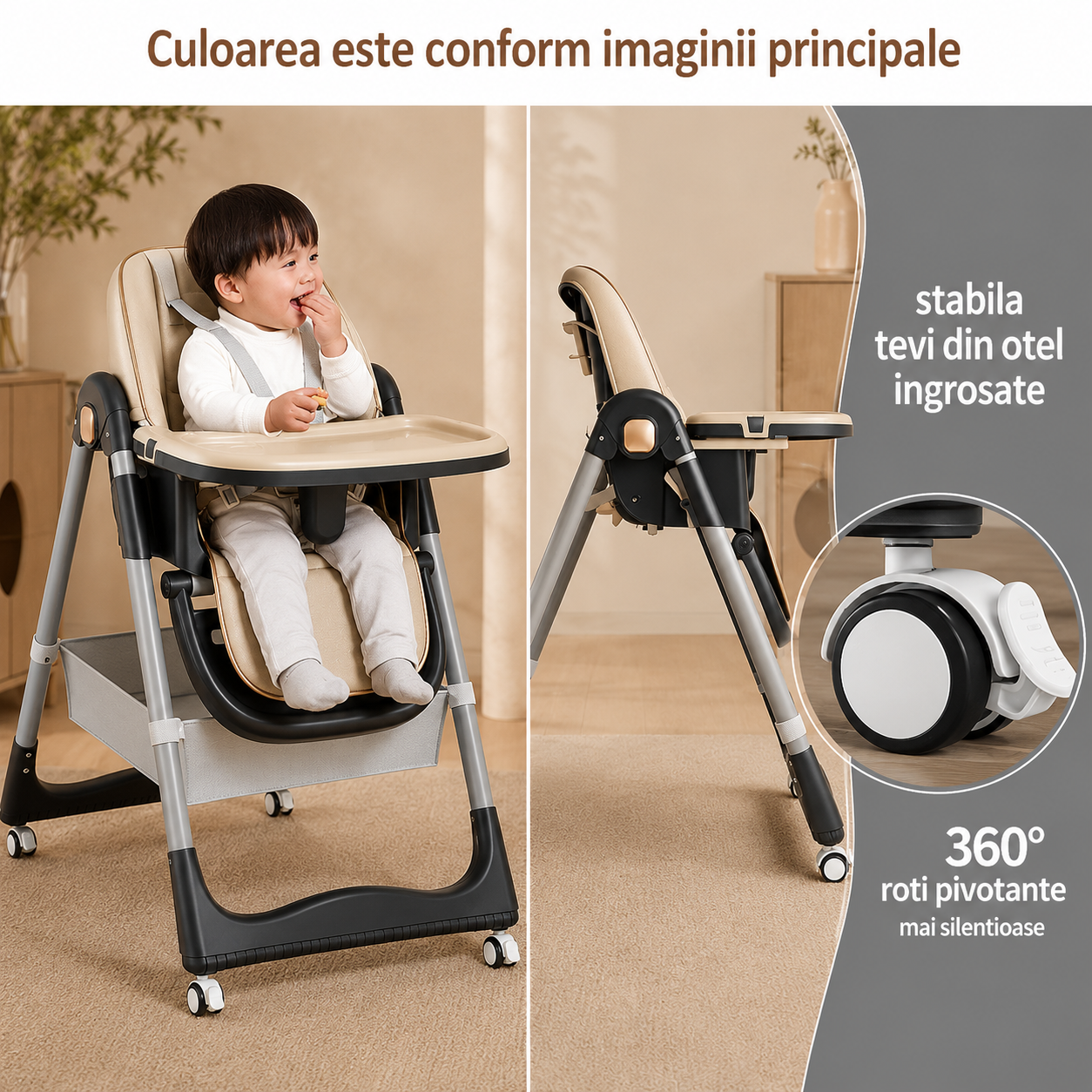 Scaun de Masa Bebelusi 3 in 1, Reglabil, Pliabil, cu Tavita Detasabila si Roti