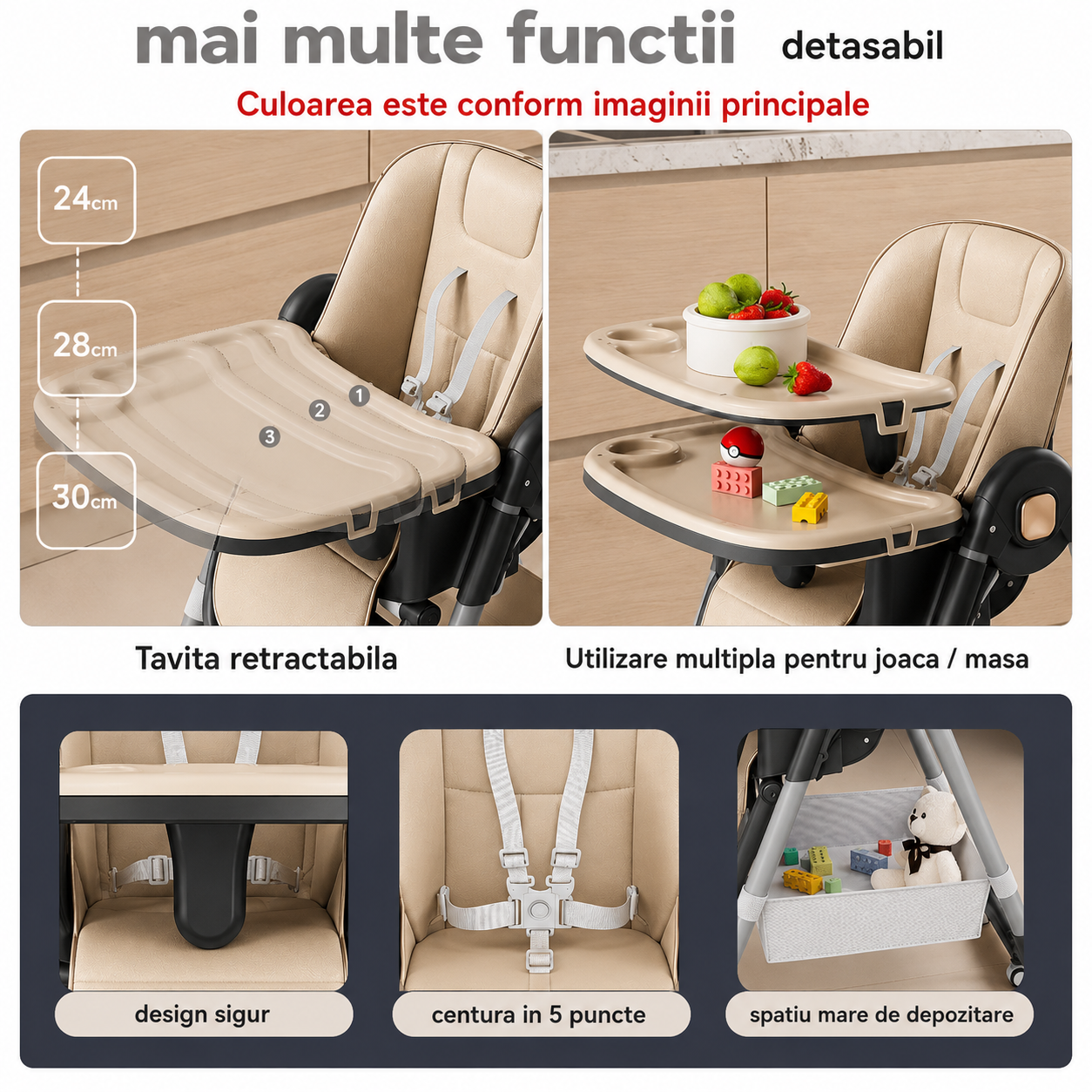 Scaun de Masa Bebelusi 3 in 1, Reglabil, Pliabil, cu Tavita Detasabila si Roti