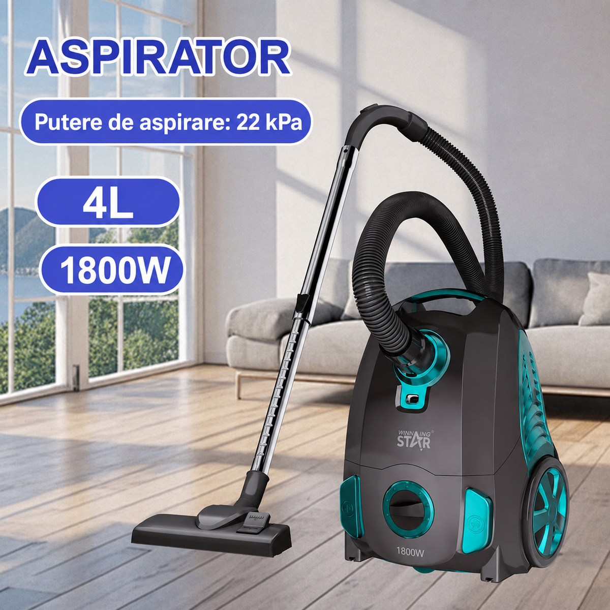 Aspirator cu Sac 1800W, Putere de Aspirare 22 kPa, Capacitate 4L, Tub Telescopic Metalic, Accesorii Incluse