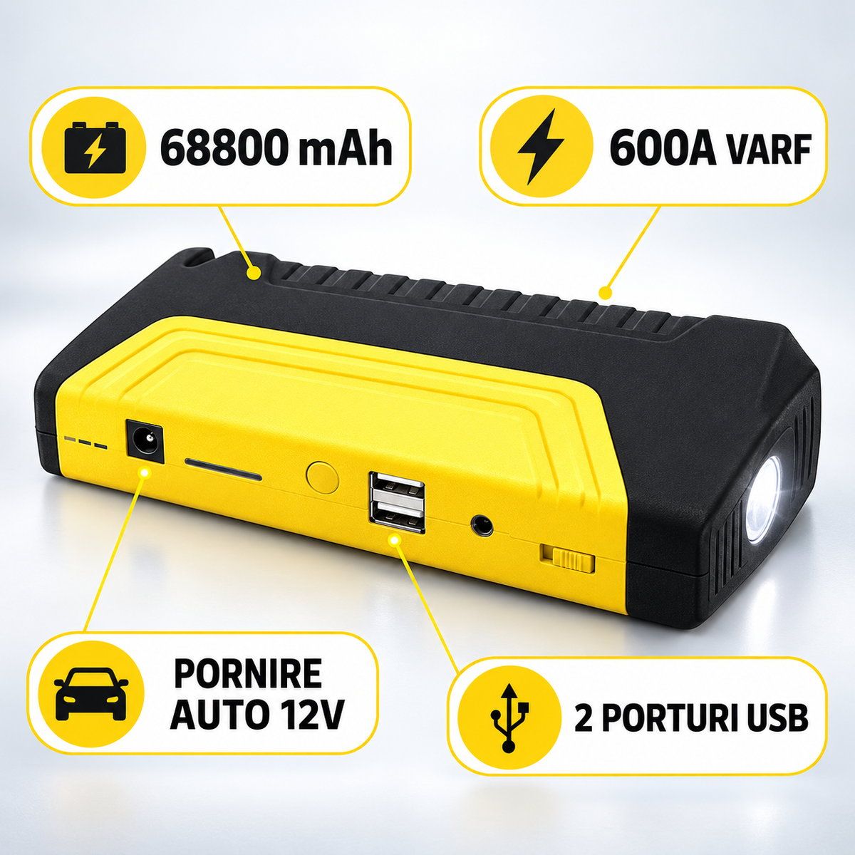 Jump Starter Auto 12V, 68800mAh, 600A – Powerbank cu 2 Porturi USB și Lanternă LED
