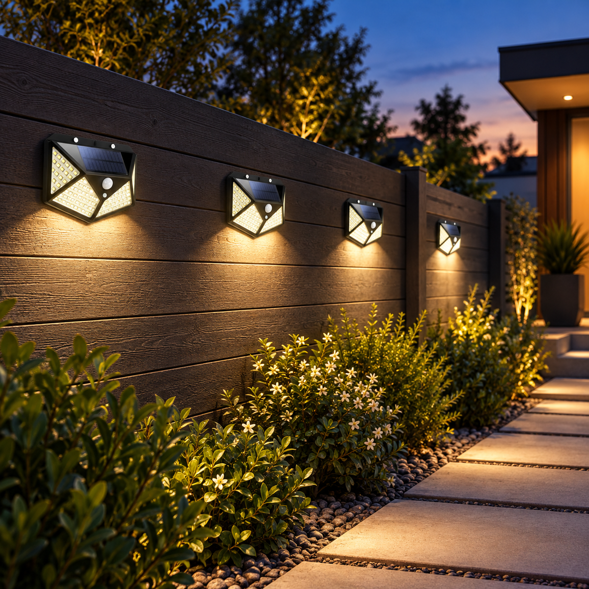Set 4 Lămpi Solare de Exterior cu Senzor de Mișcare PIR – 3 Moduri de Iluminare