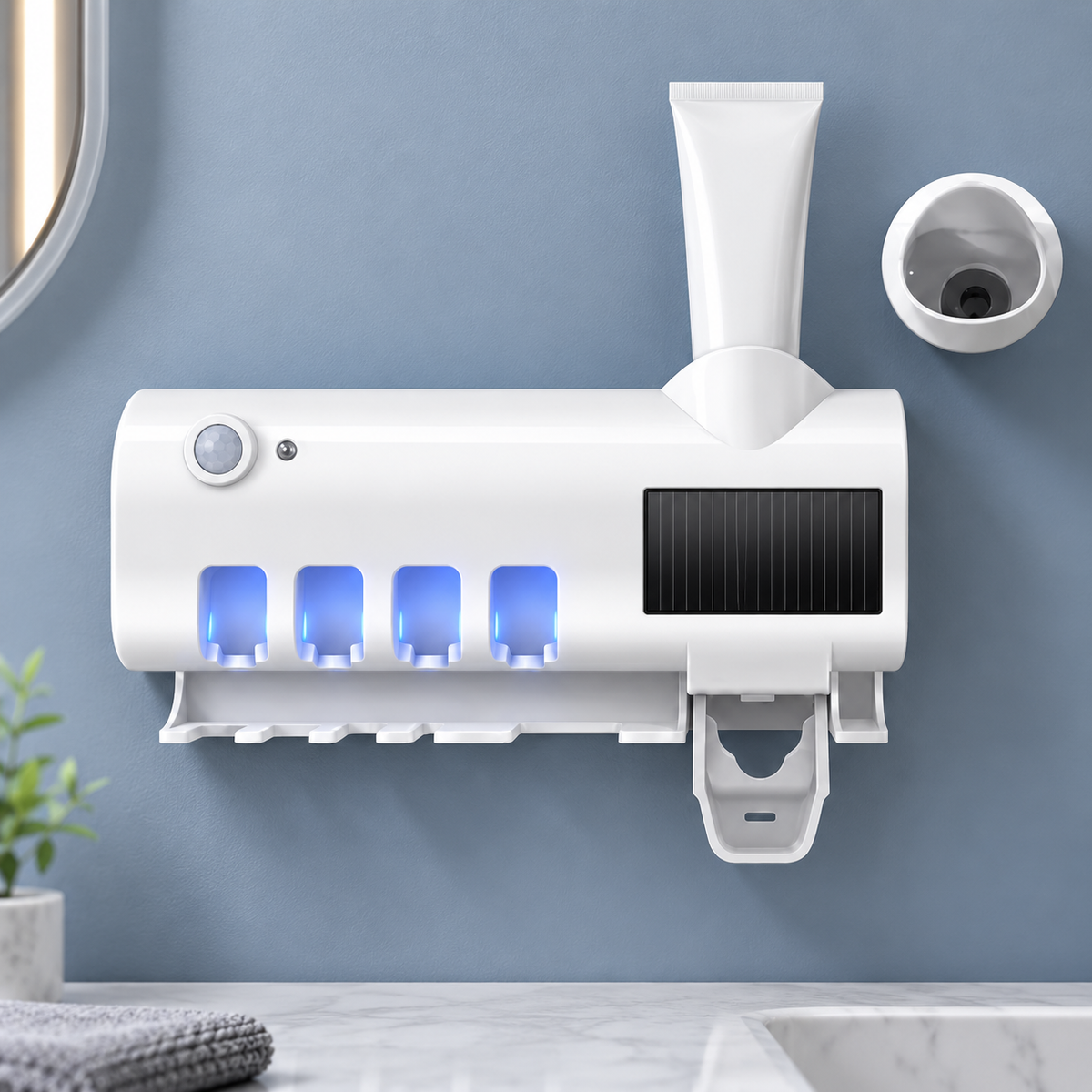 Dozator Pentru Pasta De Dinti, cu suport pentru periute, cu functie de sterilizare, lumina UV