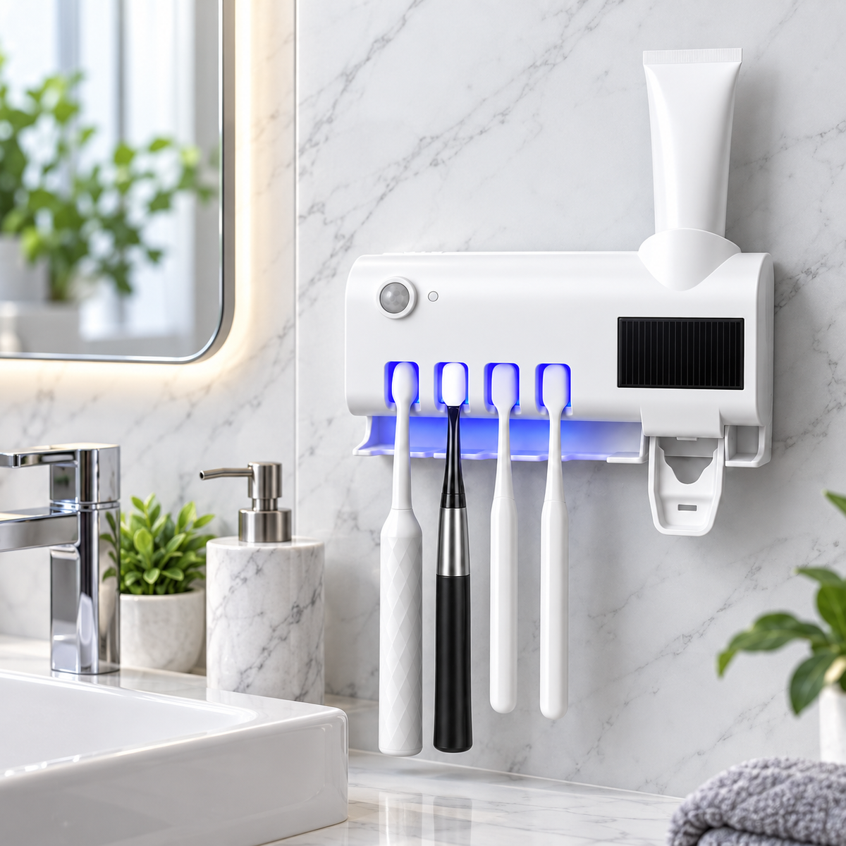 Dozator Pentru Pasta De Dinti, cu suport pentru periute, cu functie de sterilizare, lumina UV