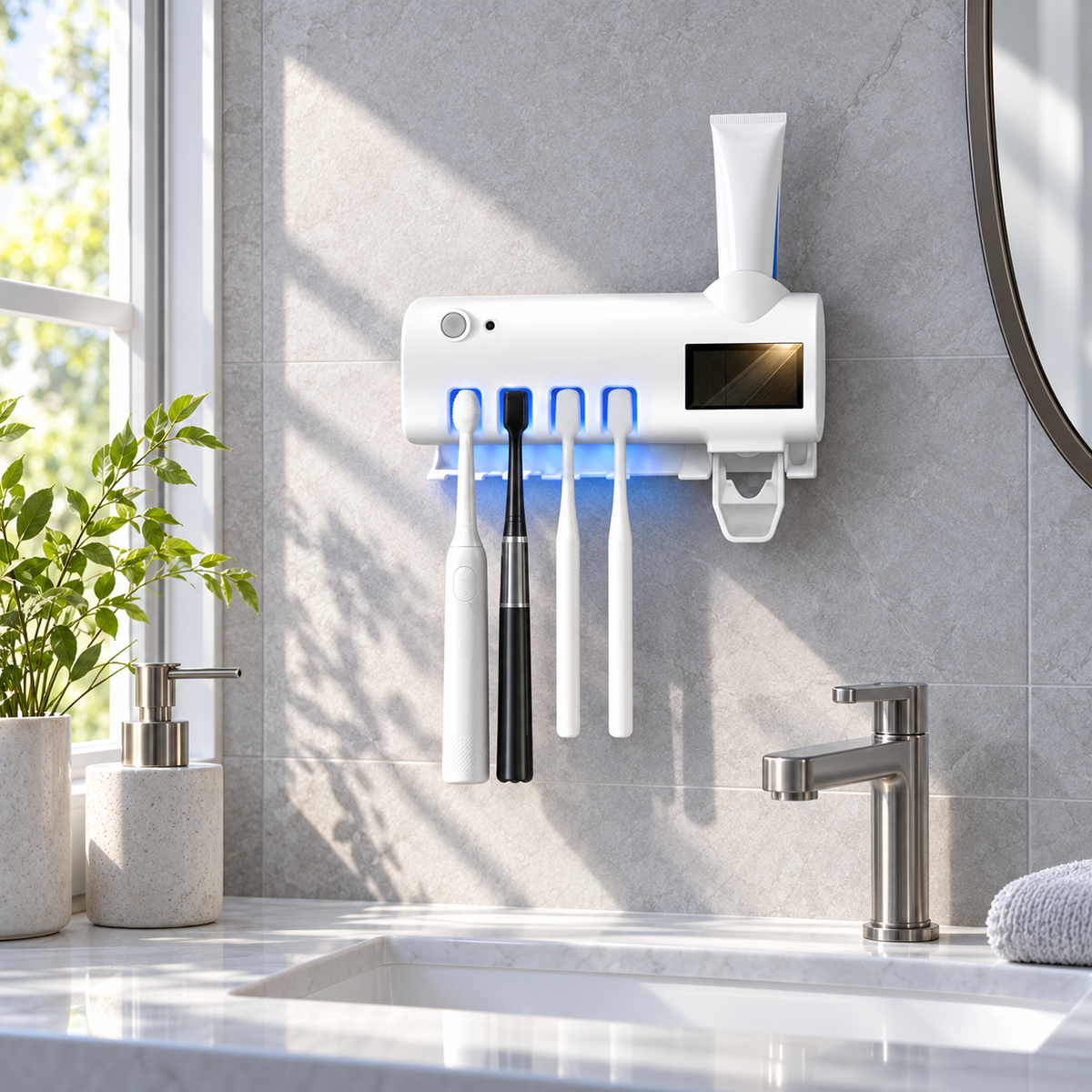 Dozator Pentru Pasta De Dinti, cu suport pentru periute, cu functie de sterilizare, lumina UV