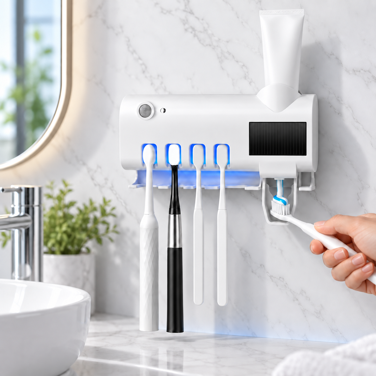 Dozator Pentru Pasta De Dinti, cu suport pentru periute, cu functie de sterilizare, lumina UV