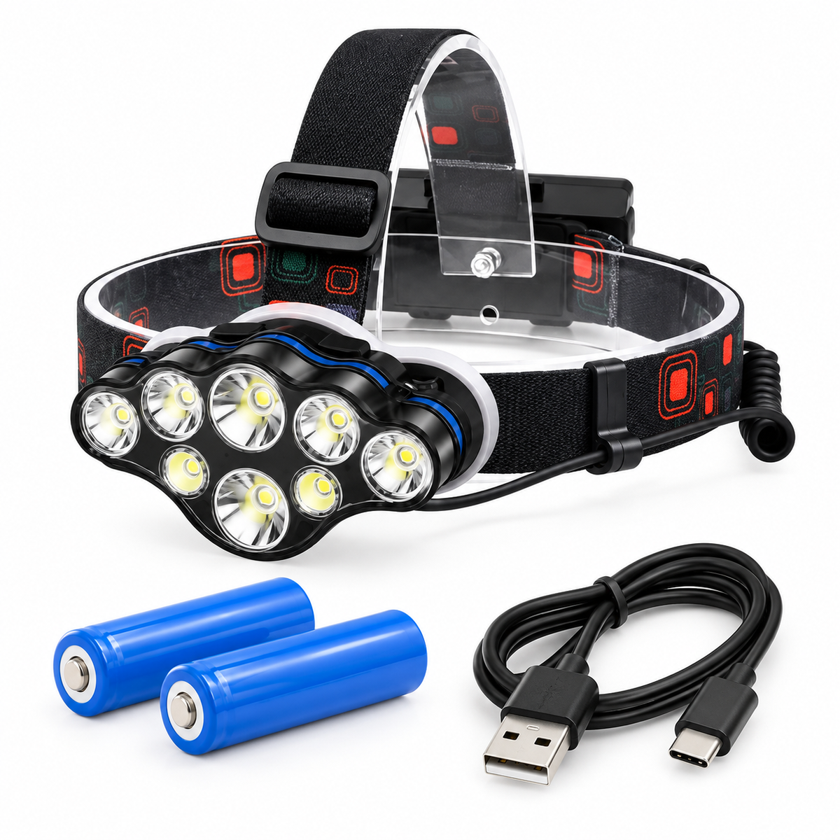 Lanternă de Cap Reîncărcabilă cu 8 LED-uri, 13.000 Lumeni, 8 Moduri, Lumină Roșie și Protecție IPX4