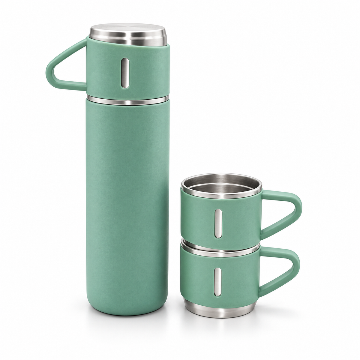 Set Termos din Inox 500 ml cu 2 Căni, Izolare Termică până la 12 Ore