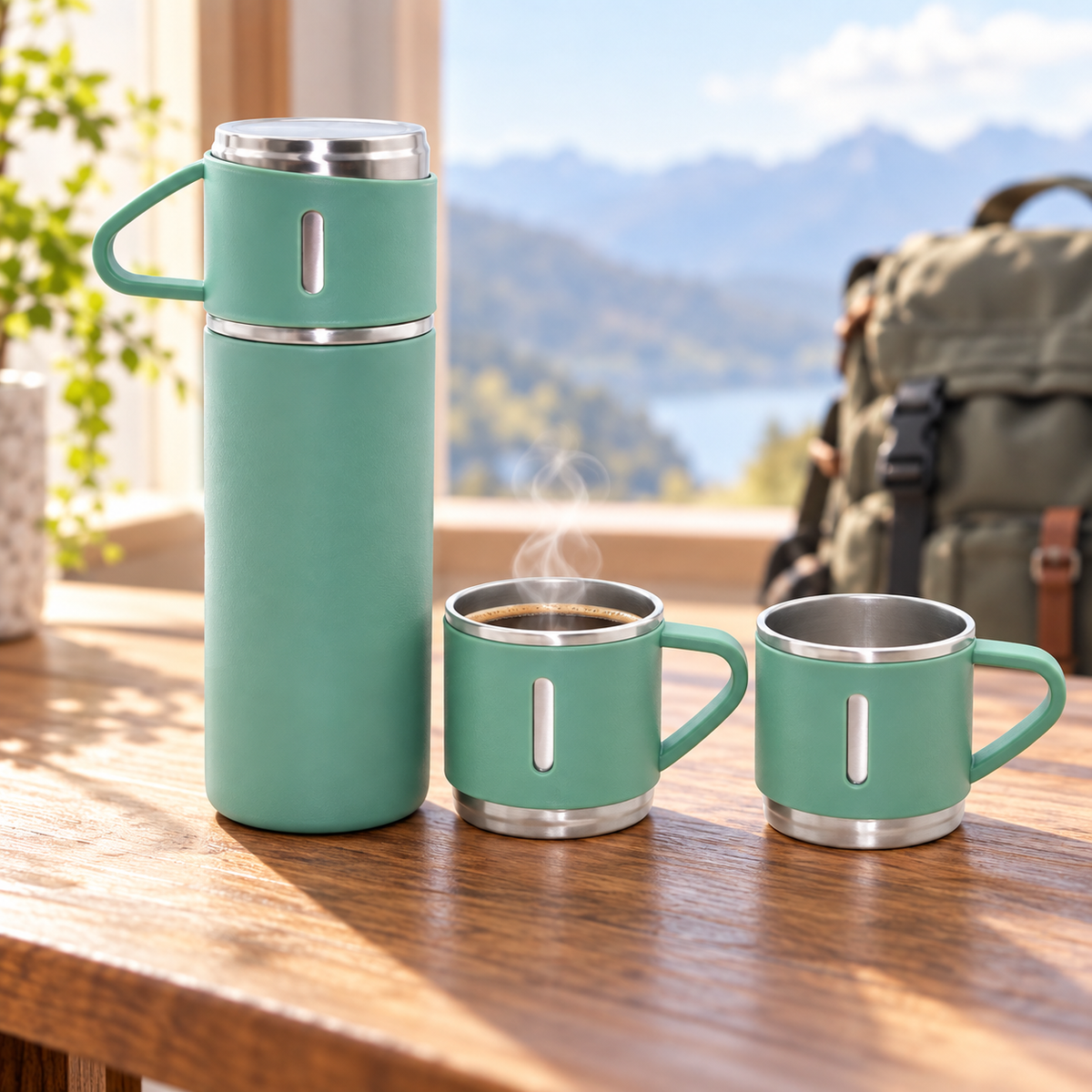Set Termos din Inox 500 ml cu 2 Căni, Izolare Termică până la 12 Ore