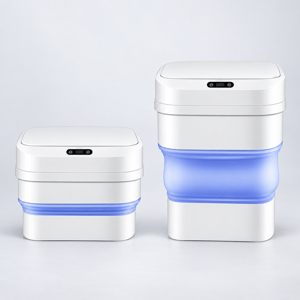 Coș de gunoi smart pliabil 8–17,5L, senzor de mișcare și capac automat, alb-albastru