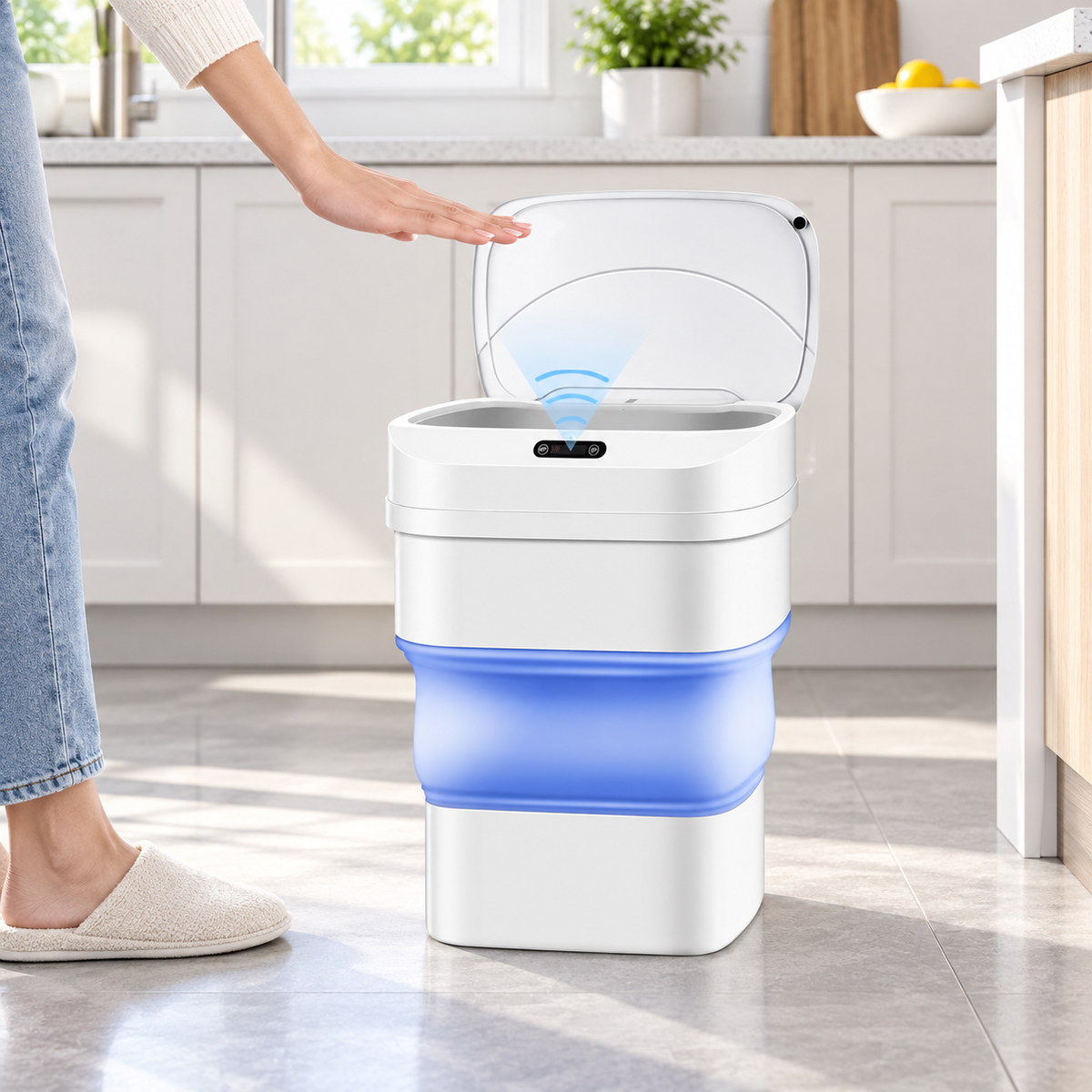 Coș de gunoi smart pliabil 8–17,5L, senzor de mișcare și capac automat, alb-albastru