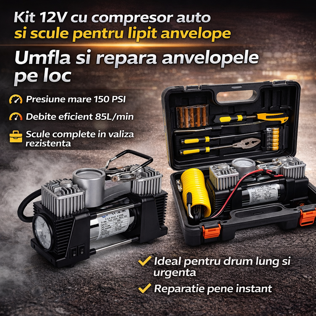 Kit reparatie pana auto + Compresor 12V 2 cilindri, 150 PSI, 7 accesorii, valiza transport