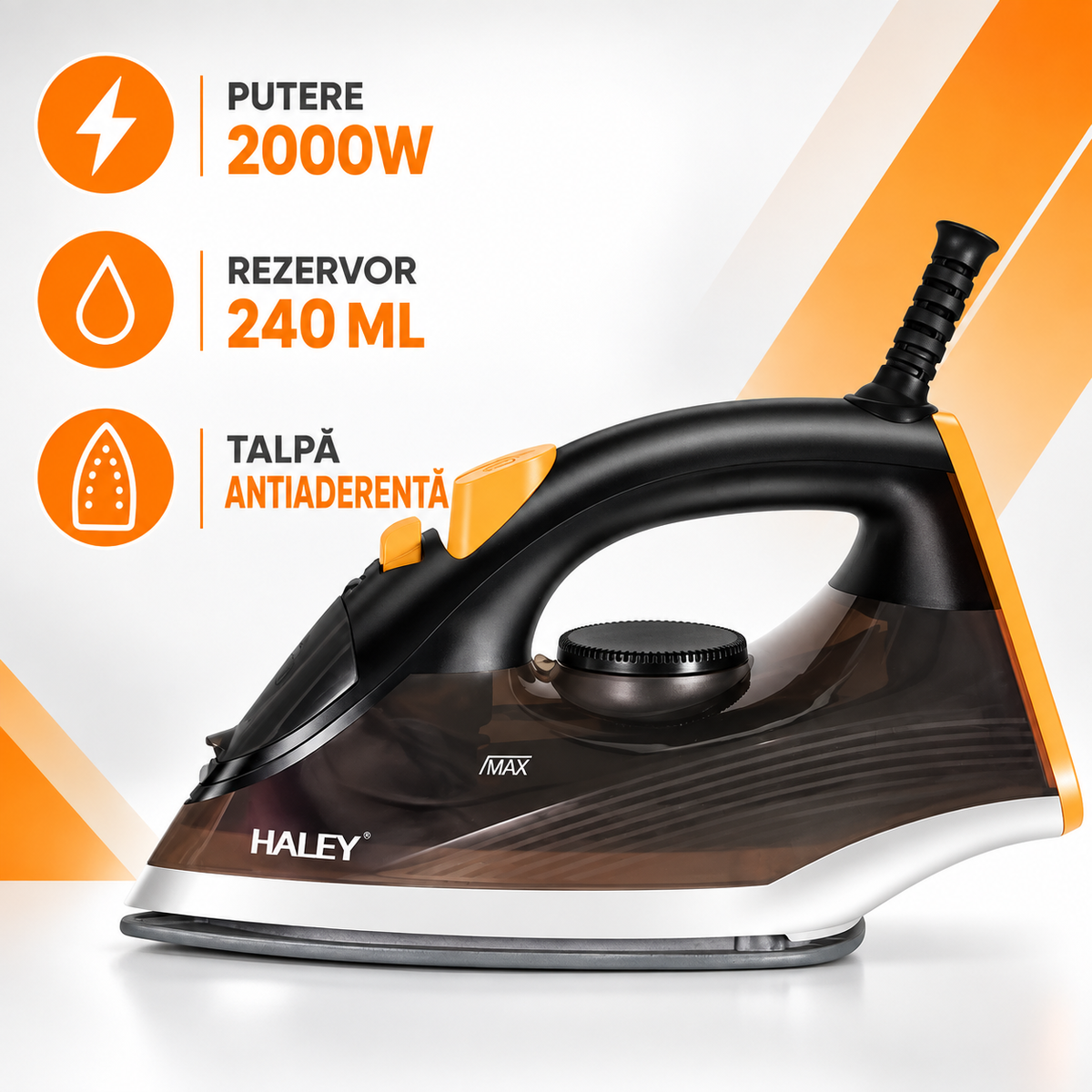 Fier de călcat cu abur HALEY HY-2033, 2000W, talpă antiaderentă, rezervor 240 ml, abur vertical, anti-picurare