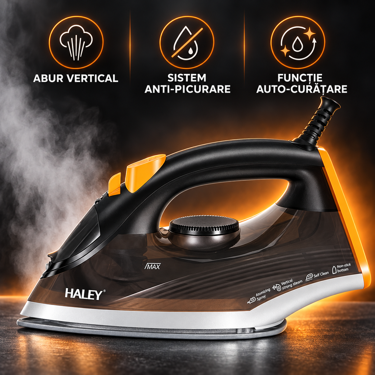 Fier de călcat cu abur HALEY HY-2033, 2000W, talpă antiaderentă, rezervor 240 ml, abur vertical, anti-picurare