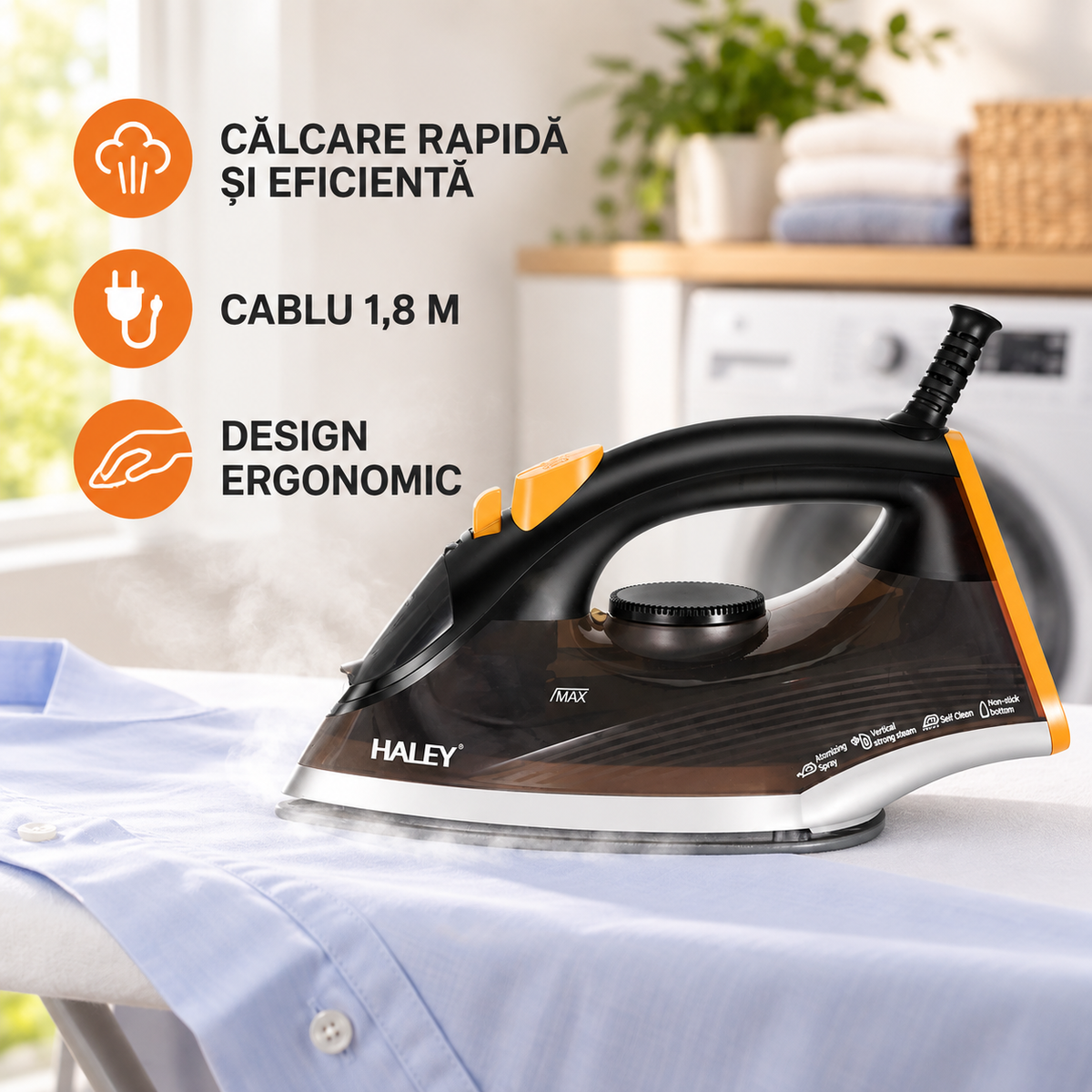 Fier de călcat cu abur HALEY HY-2033, 2000W, talpă antiaderentă, rezervor 240 ml, abur vertical, anti-picurare