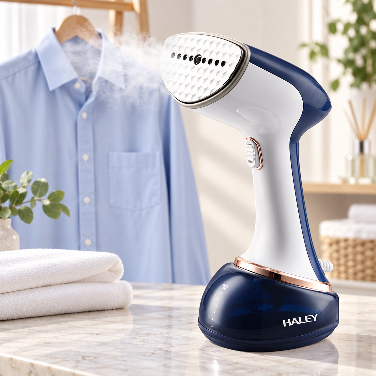 Fier de călcat cu abur HALEY HY-326, 1600W, rezervor 350 ml, încălzire în 15 secunde, abur vertical, albastru/alb