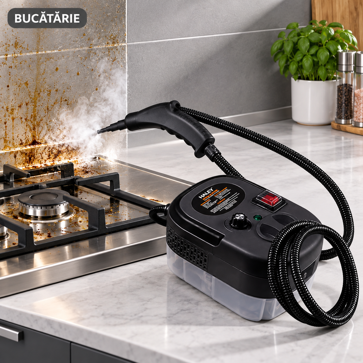 Aparat de Curățat cu Aburi HALEY HY-3932, 3500 W, Rezervor 1,2 L, 6 Trepte de Abur, Furtun 2 m