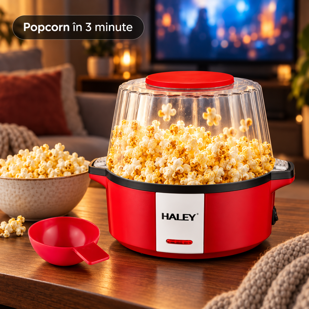 Aparat de Popcorn HALEY HY-6202, 700 W, Capacitate 60 g, Preparare cu Aer Cald, Fără Ulei, Gata în 3 Minute, Roșu/Alb