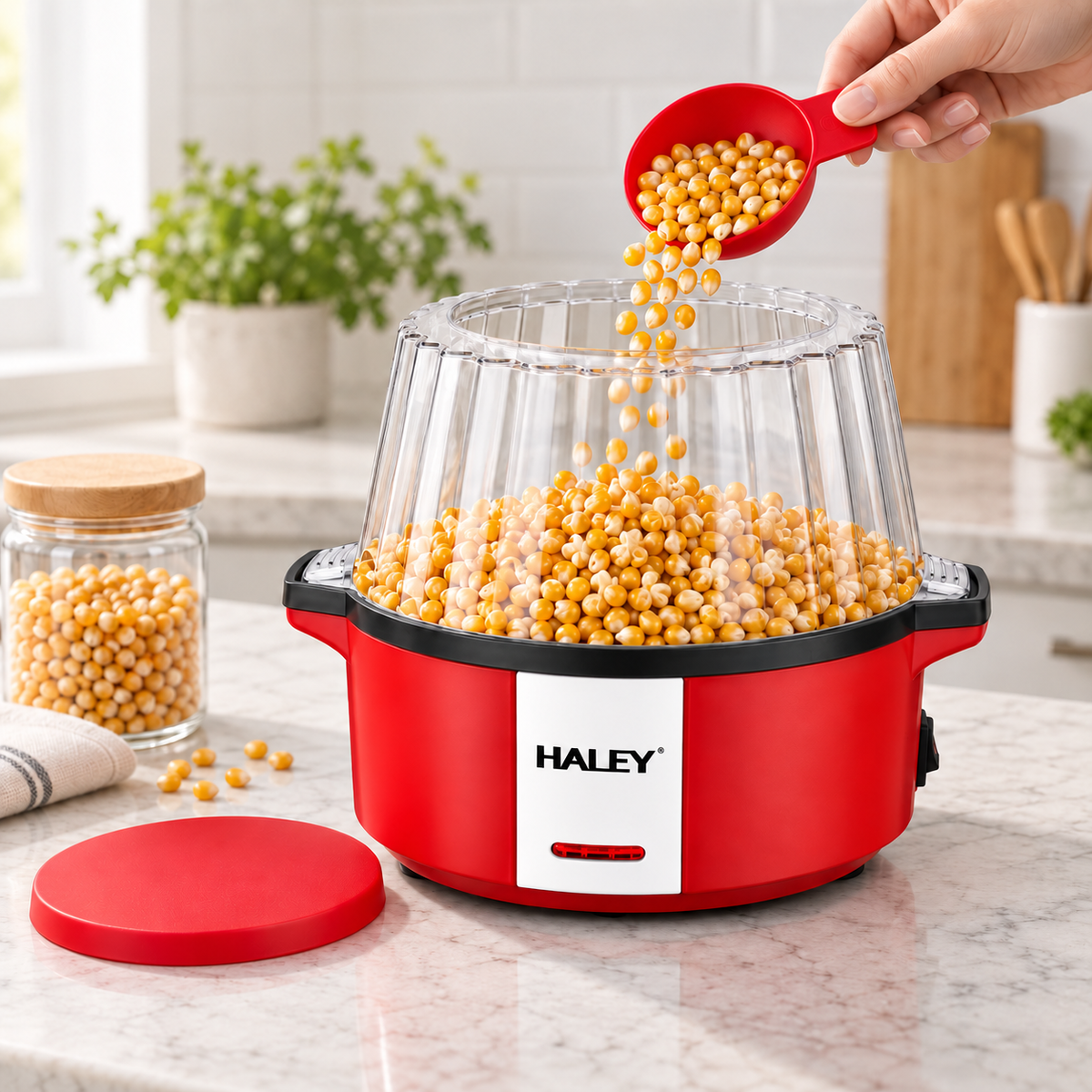 Aparat de Popcorn HALEY HY-6202, 700 W, Capacitate 60 g, Preparare cu Aer Cald, Fără Ulei, Gata în 3 Minute, Roșu/Alb