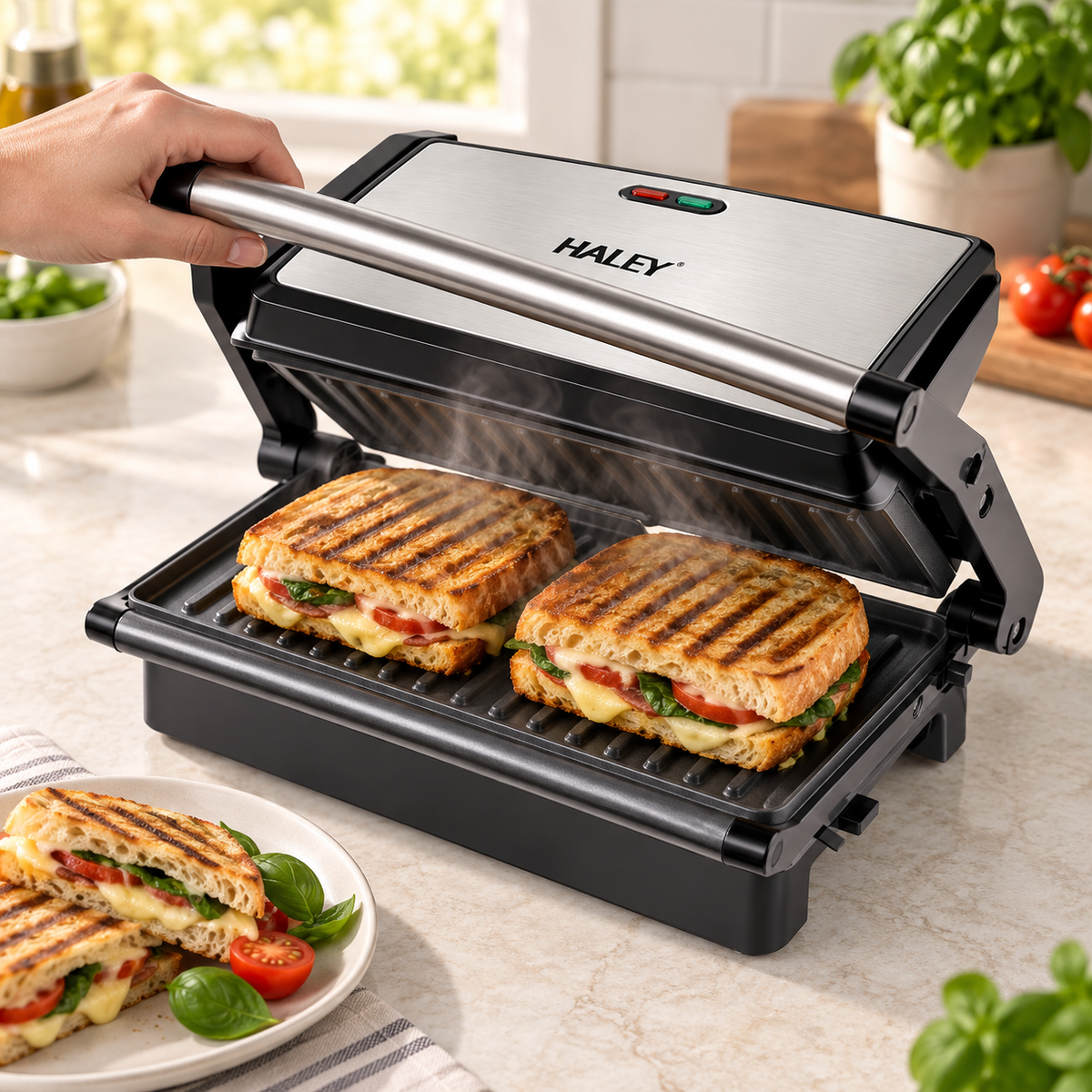 Grill Electric HALEY HY-8608, 2000 W, Carcasă Full Inox, Tuburi de Încălzire Curbe, Tavă Integrată, Argintiu/Negru