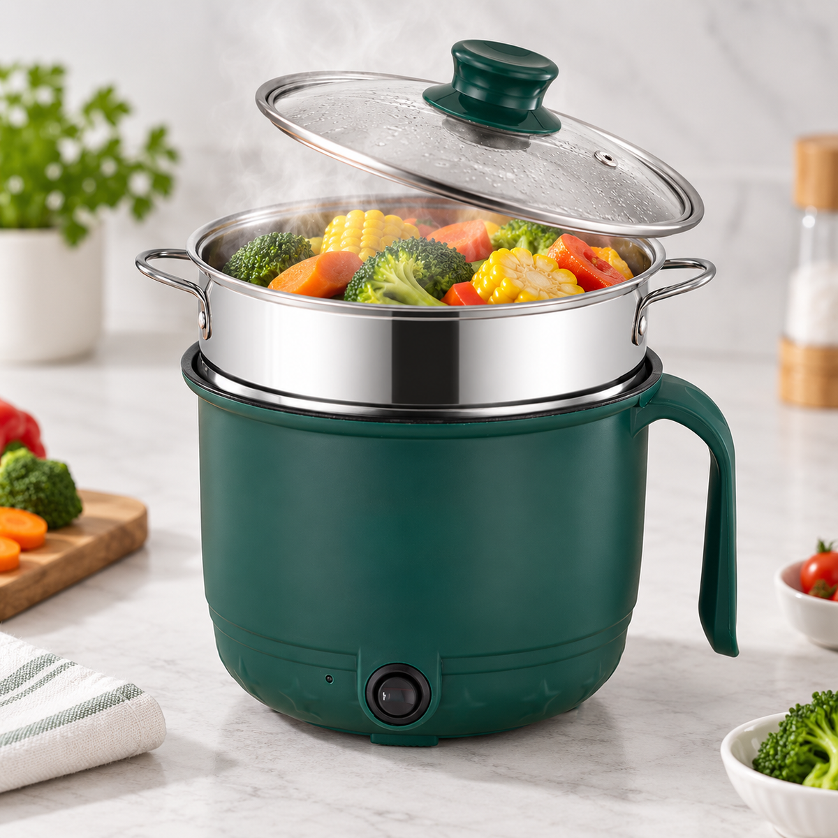 Oală Electrică Multifuncțională 1,8L, 500W, Vas Antiaderent și Accesoriu pentru Gătire la Abur, Verde