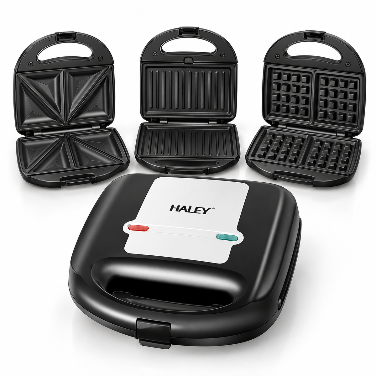 Sandwich Maker 3 în 1 HALEY HY-1031, Plăci Antiaderente pentru Sandwich, Grill și Waffle, Design Compact, Negru