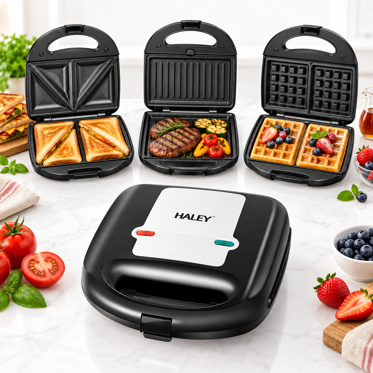 Sandwich Maker 3 în 1 HALEY HY-1031, Plăci Antiaderente pentru Sandwich, Grill și Waffle, Design Compact, Negru