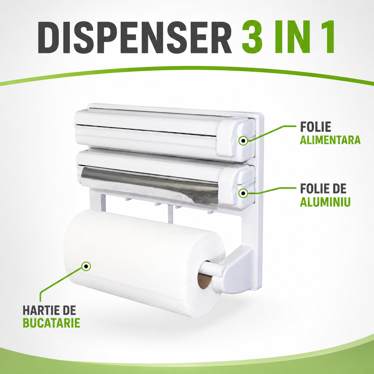 Dispenser Triplu de Bucătărie 3 în 1 pentru Hârtie, Folie Alimentară și Folie de Aluminiu, Montare pe Perete, Alb