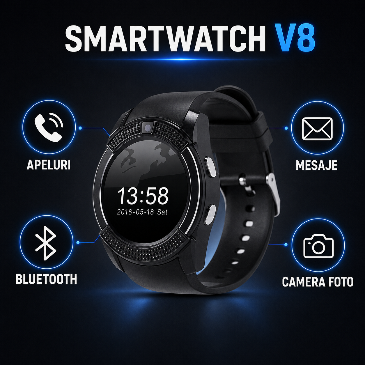 Smartwatch V8 Negru cu Apeluri, Mesaje, Notificări, Bluetooth și Cameră Foto – Ecran Tactil