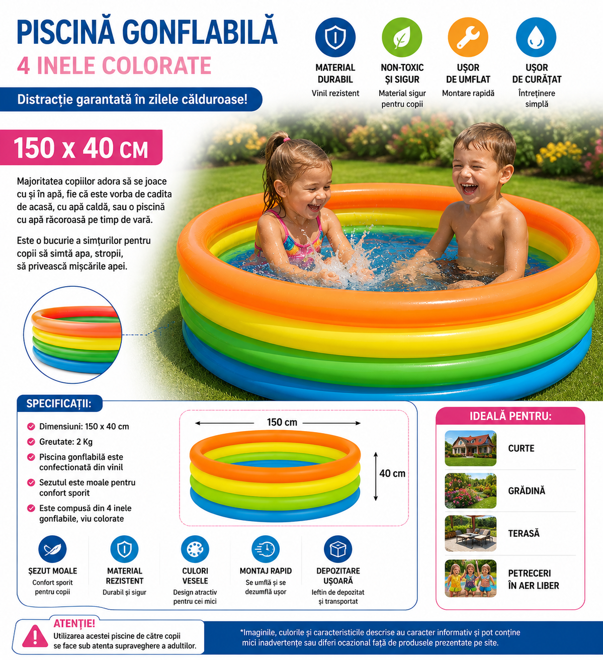 Piscină Gonflabilă pentru Copii, 4 Inele Colorate, 150 x 40 cm, Vinil Rezistent