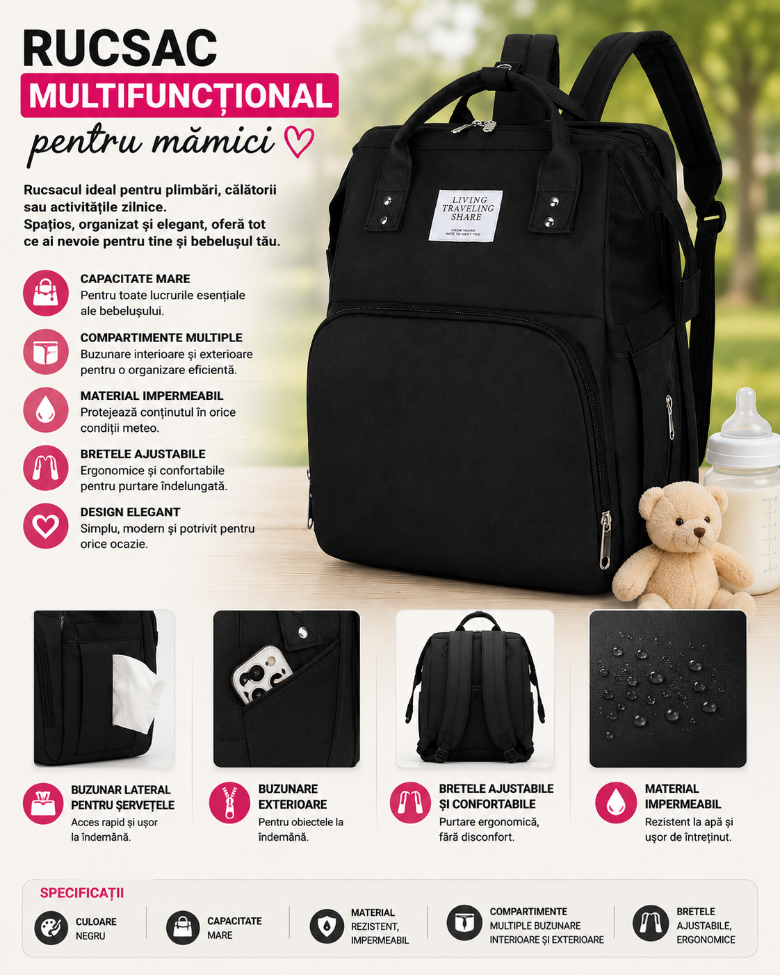 Rucsac rezistent la apa cu  Compartimente Multiple, Buzunar Termic pentru Lapte, 42 x 32 x 22 cm, Negru
