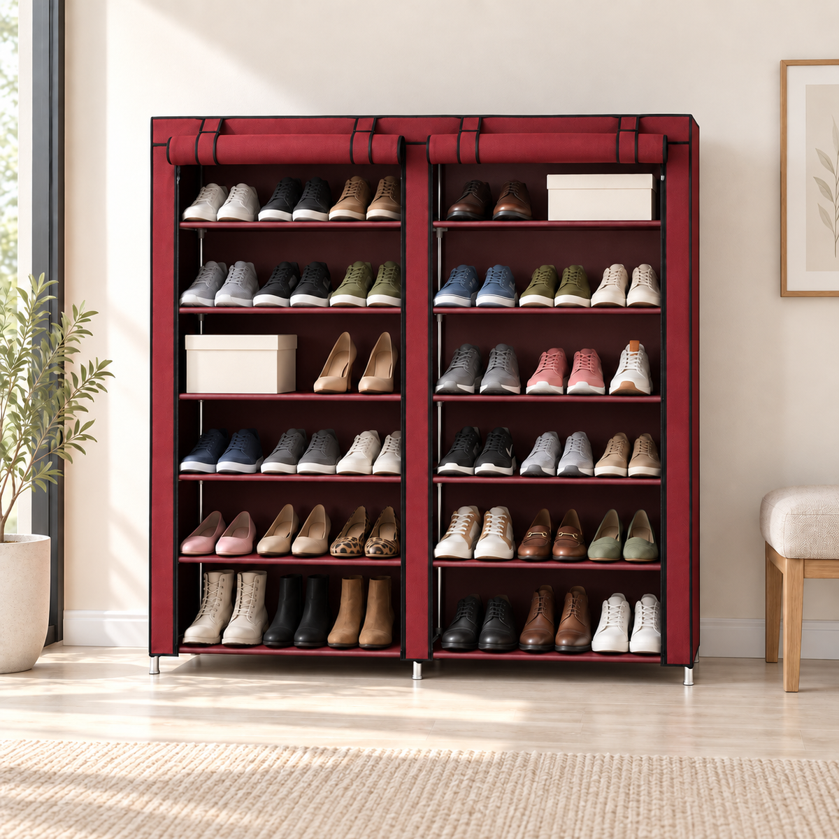 Dulap Textil Dublu pentru Încălțăminte, 12 Rafturi, Husă cu Fermoar, 118 × 30 × 120 cm