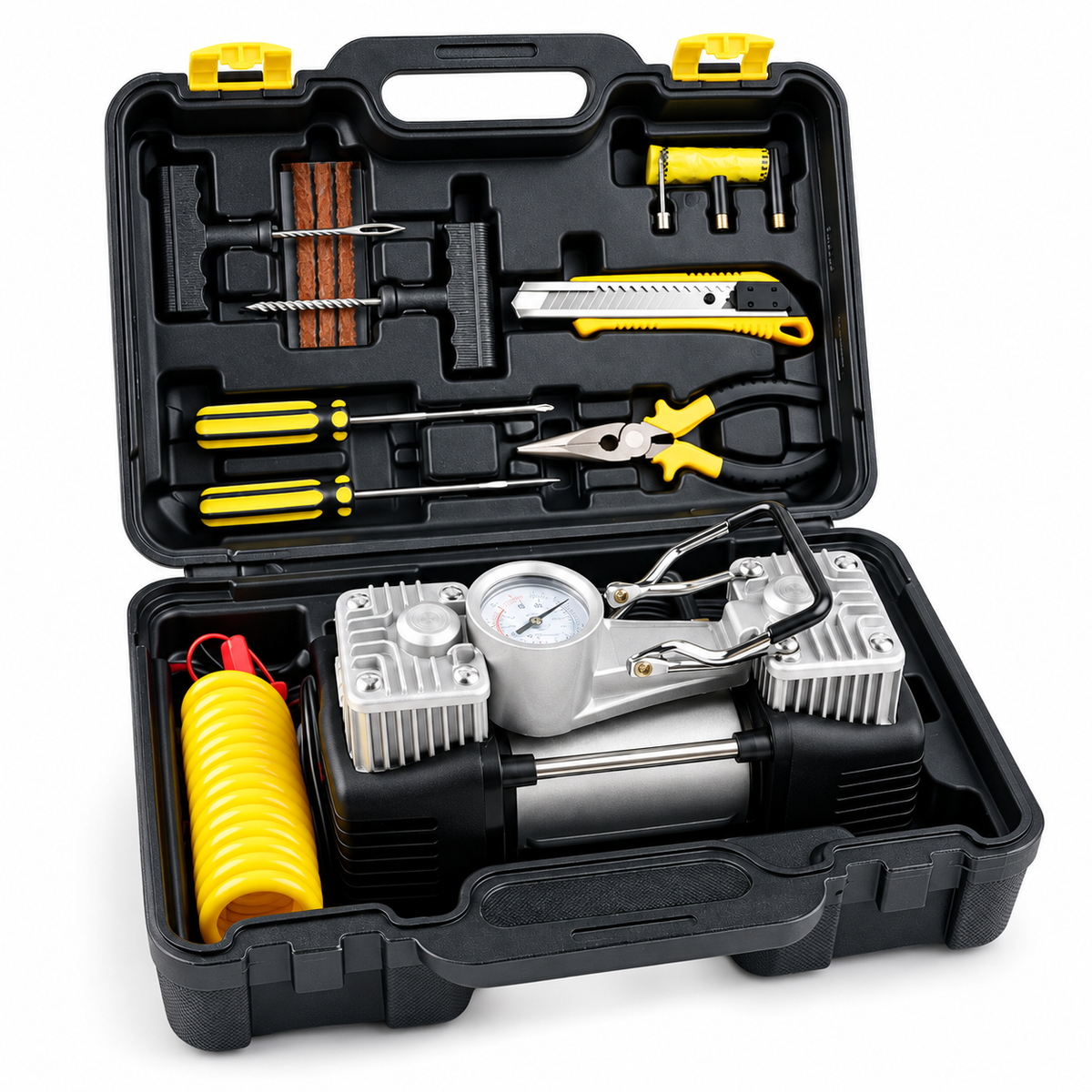 Kit Reparație Pană Auto cu Compresor 12V, 2 Cilindri, 150 PSI, Furtun 5 m, 7 Accesorii și Valiză