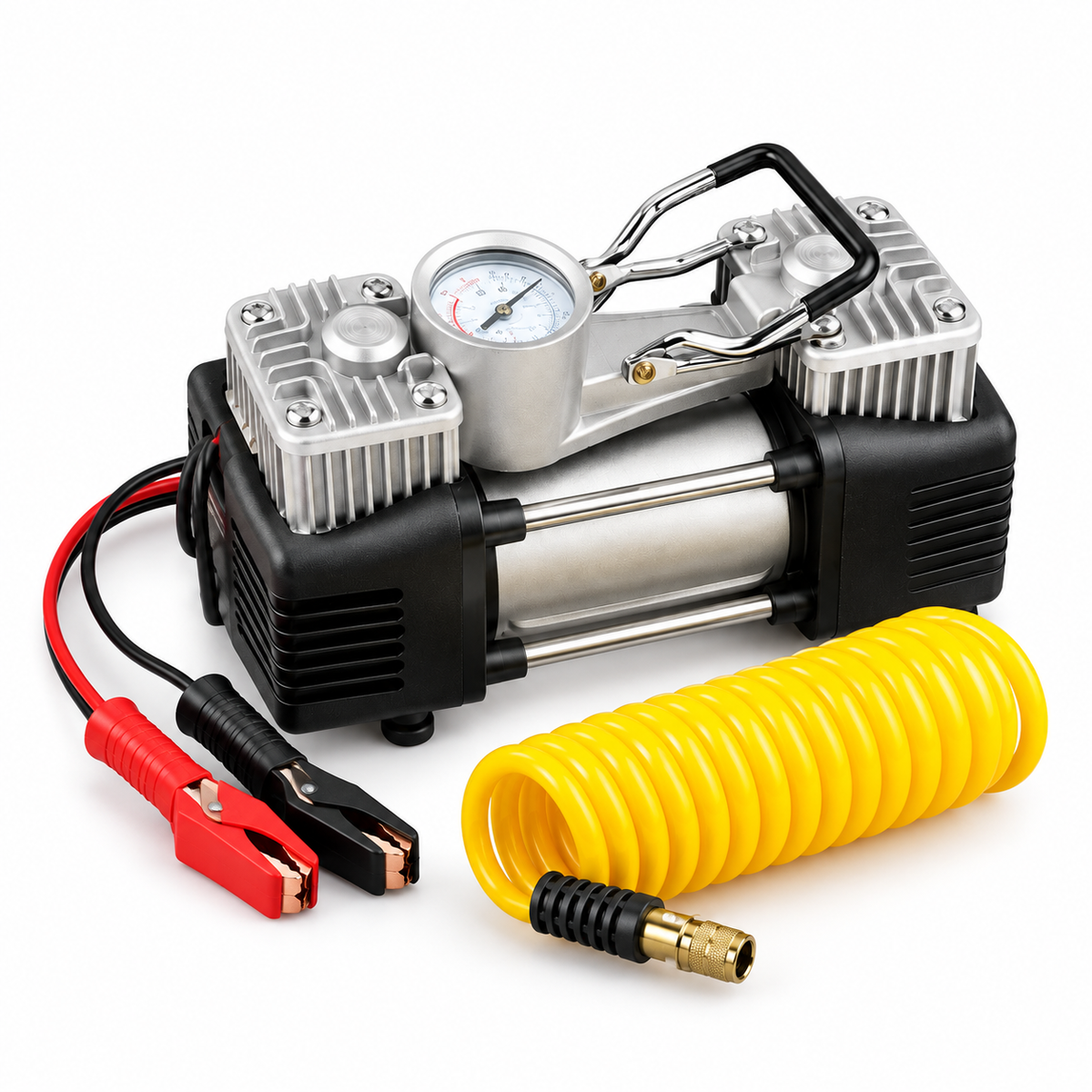 Kit Reparație Pană Auto cu Compresor 12V, 2 Cilindri, 150 PSI, Furtun 5 m, 7 Accesorii și Valiză