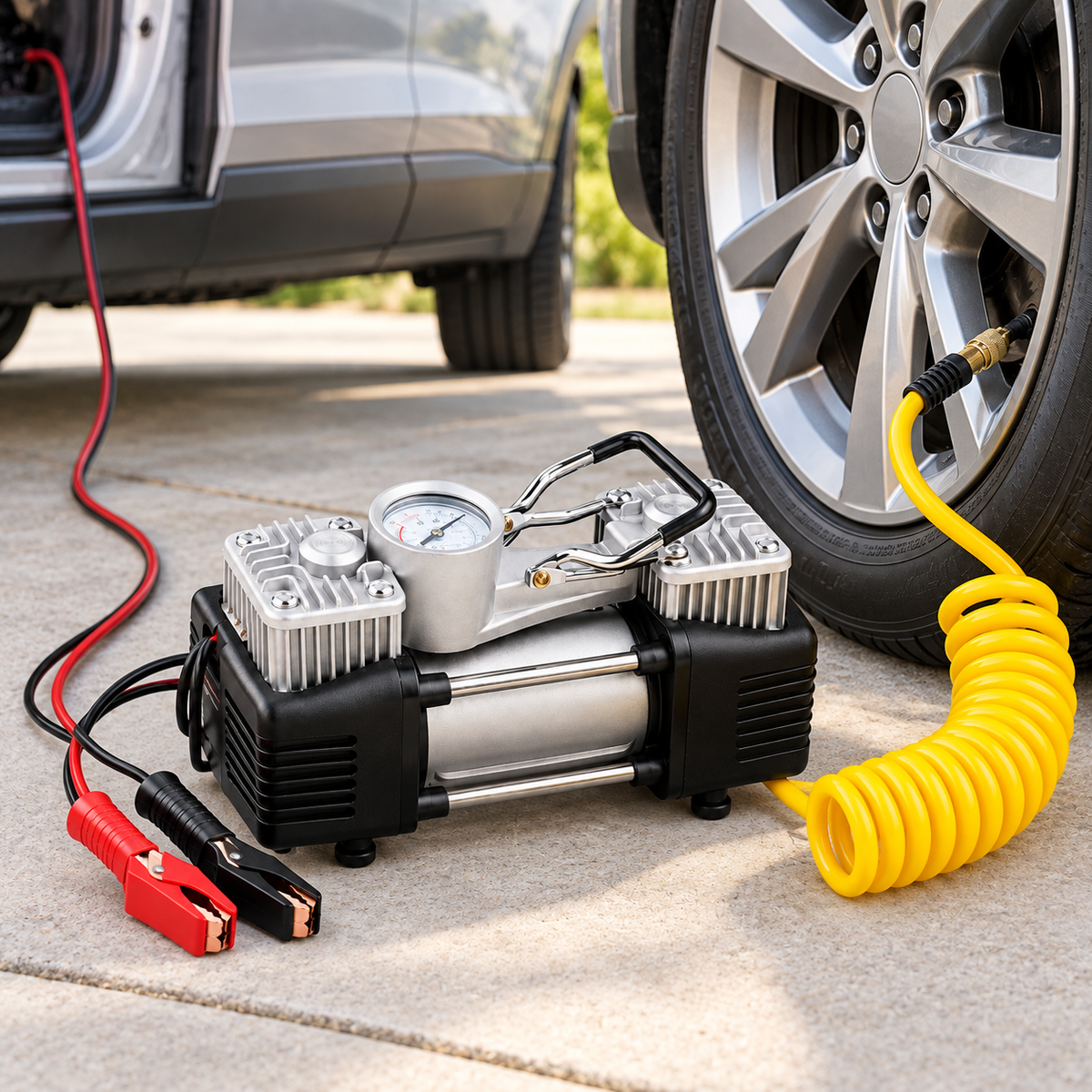 Kit Reparație Pană Auto cu Compresor 12V, 2 Cilindri, 150 PSI, Furtun 5 m, 7 Accesorii și Valiză