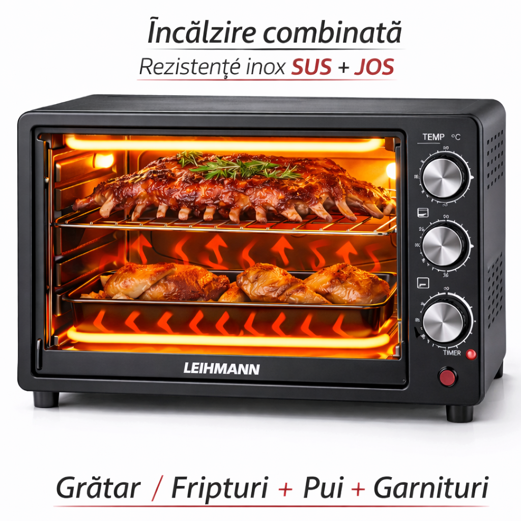 Cuptor Electric 25L, 1500W, Temperatură 320°C, 4 Rezistențe Inox, Timer 60 Min, Încălzire Sus/Jos