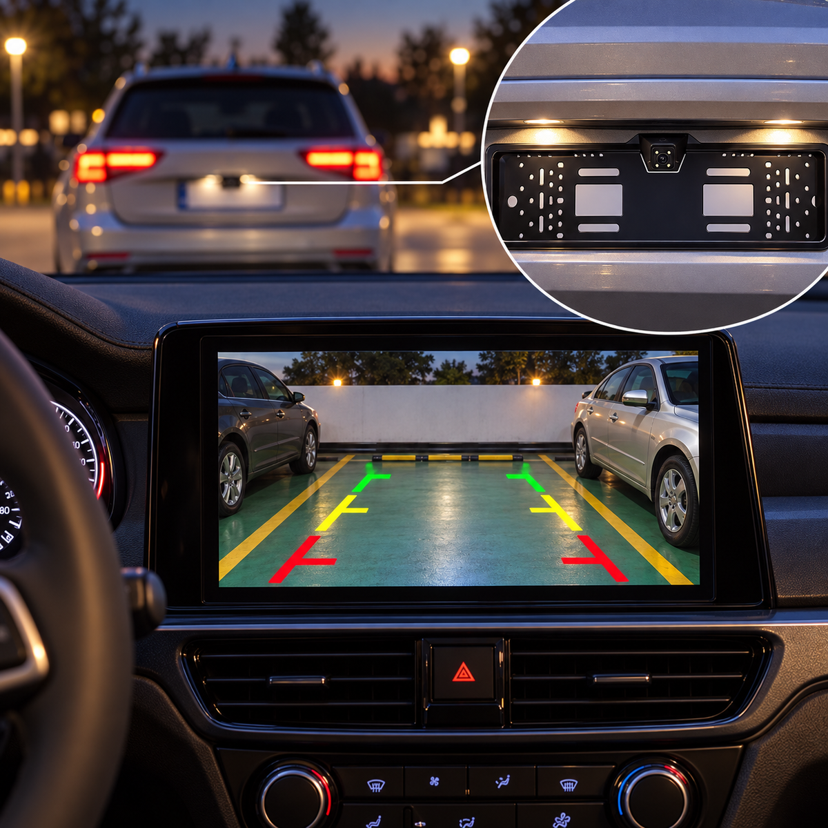 Suport Număr Auto cu Cameră de Marșarier Integrată – Infraroșu, Unghi 120°, Protecție IP67