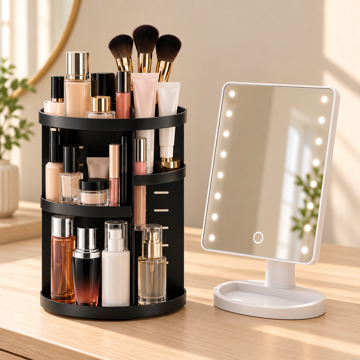 Pachet Colțul de Beauty – Organizator cosmetic rotativ 360° + oglindă dreptunghiulară cu LED și control tactil