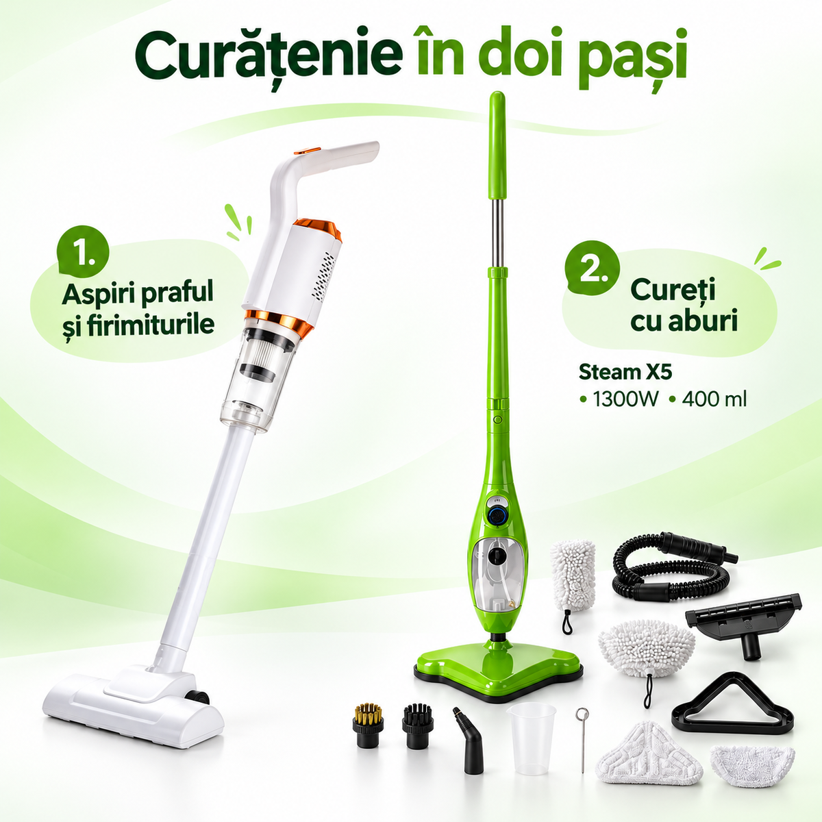 Pachet Curățenie în doi pași – Aspirator 3 în 1 + mop cu aburi Steam X5, 1300W, rezervor 400 ml