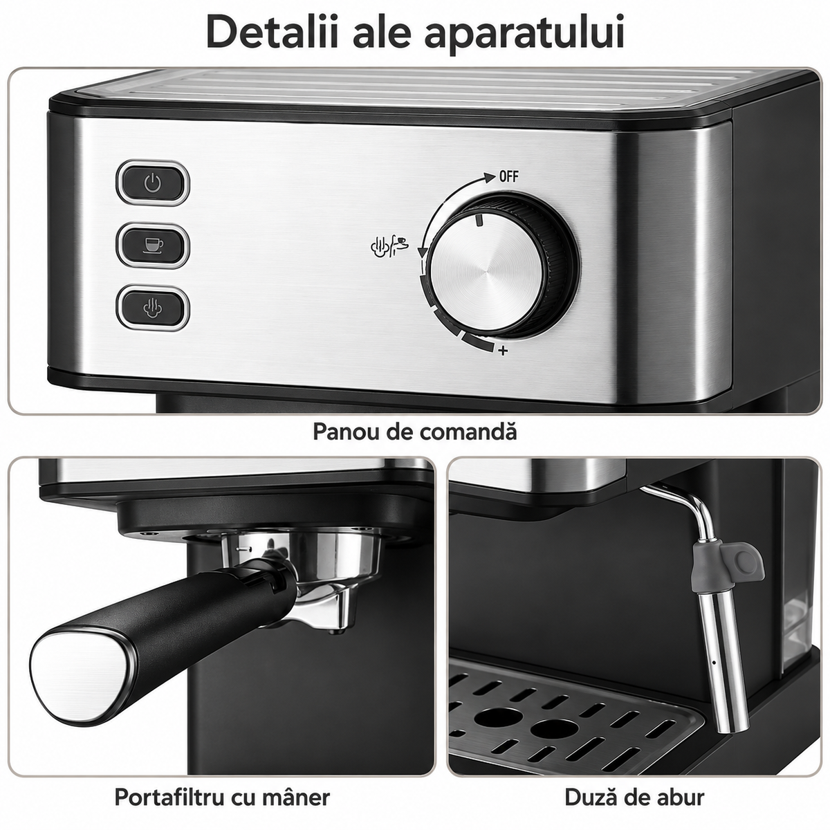 Espressor manual cu portafiltru, 850 W, rezervor 1,5 L și duză pentru spumarea laptelui, negru/inox