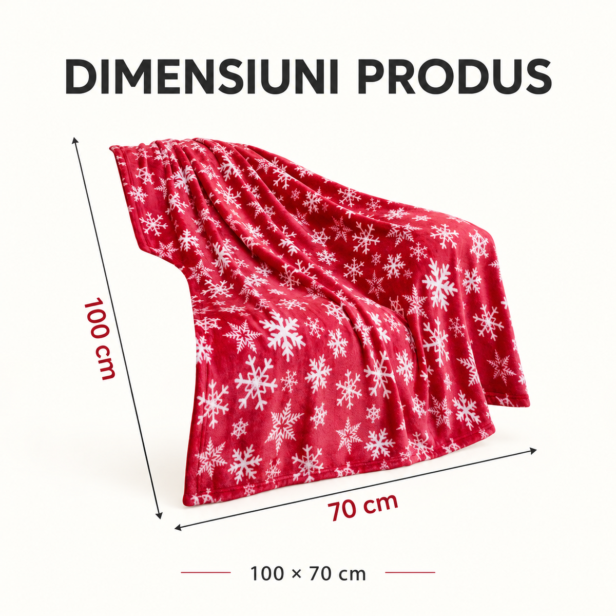 Pătură de Crăciun din fleece, 100 × 70 cm, roșie cu fulgi albi, moale și pufoasă