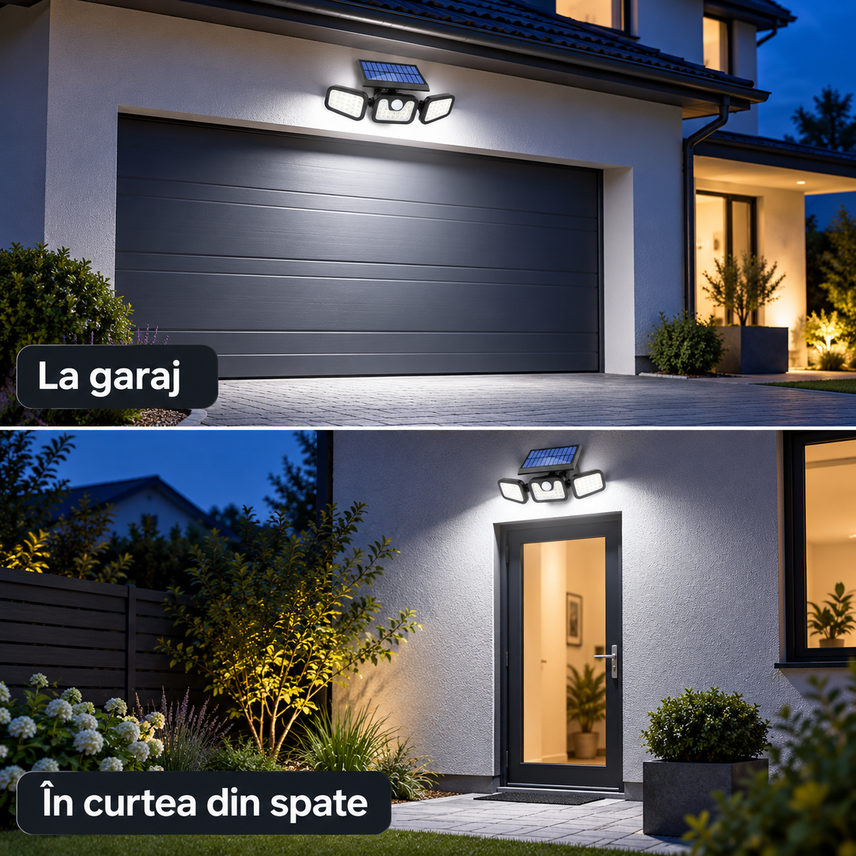 Pachet 2 lămpi solare LED pentru exterior, 74 LED-uri fiecare, 3 spoturi reglabile, senzor de mișcare și 3 moduri de iluminare